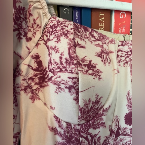 Dazy Burgundy and Cream Toile Dress with Ballon Sleeves Bustier Top Basque Waist - Picture 5 of 12